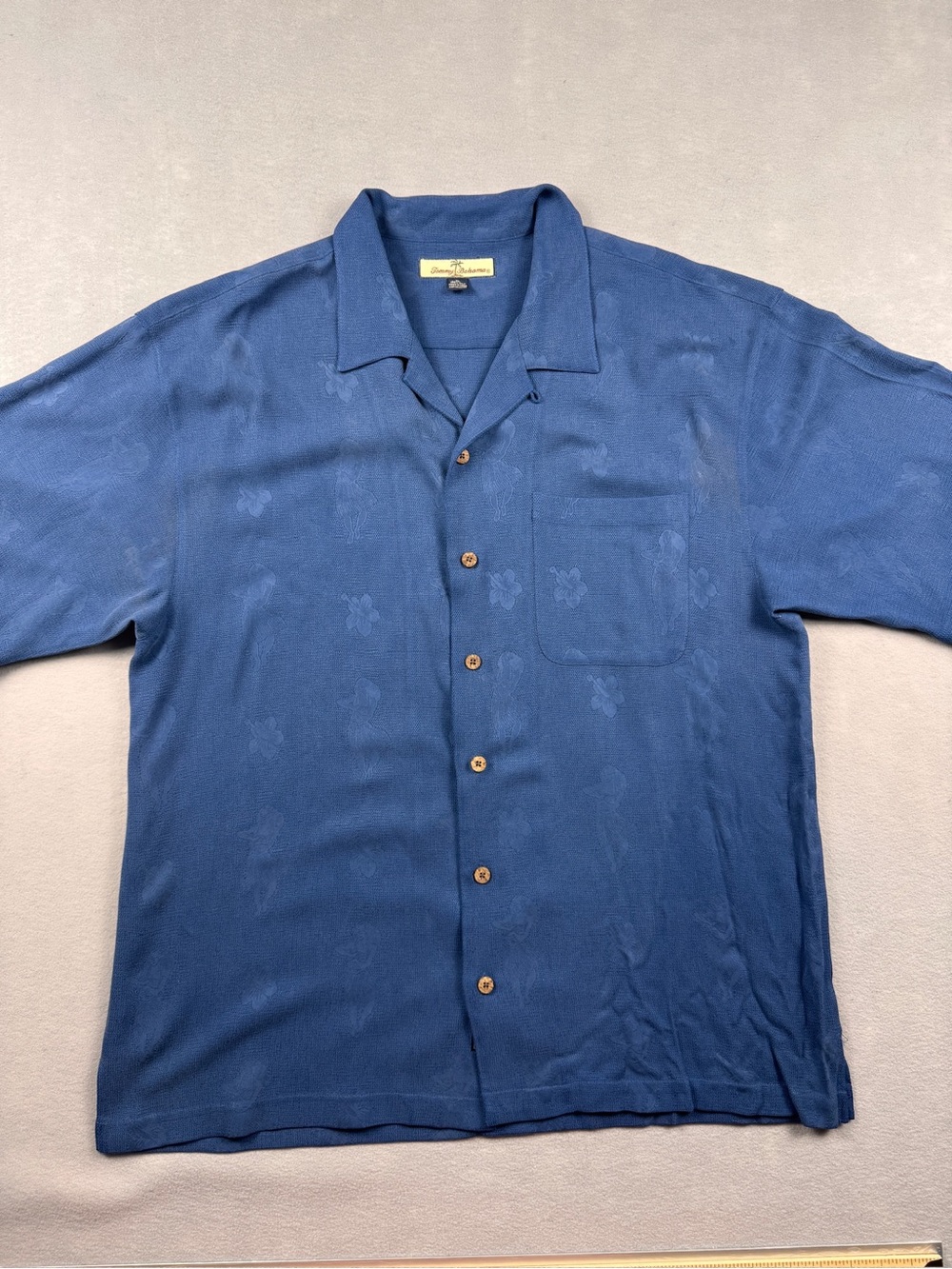 Tommy Bahama Mens XL 100% Silk Camp Shirt Blue Texture Hula Dancer Floral Print
